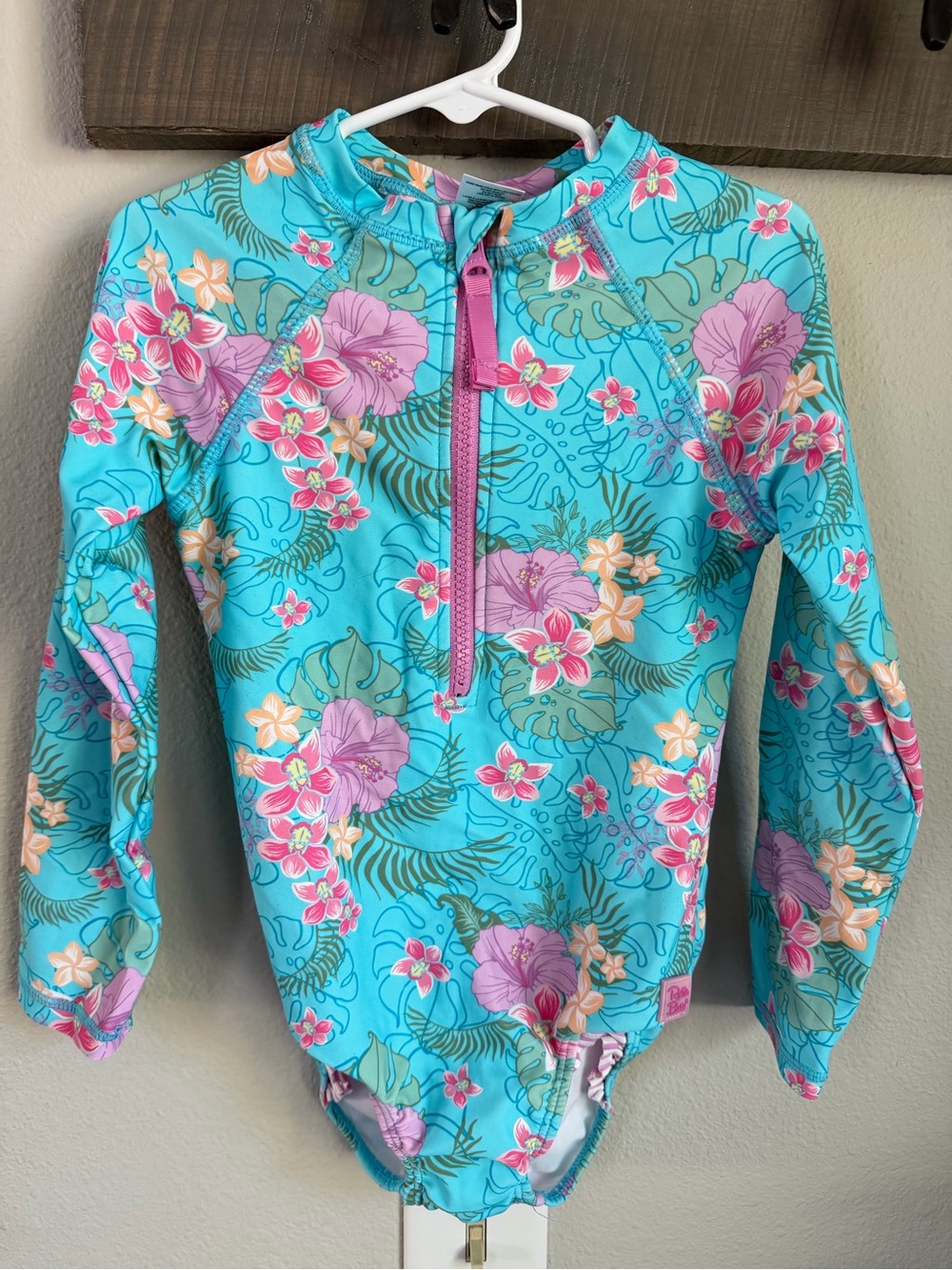 Ruffle Butts Long-Sleeve Tropical Floral Rash Guard Swimsuit - Aqua/Pink size 6